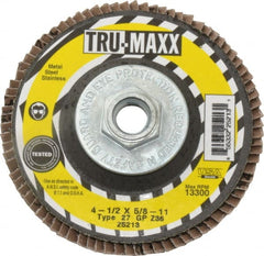 Tru-Maxx - 36 Grit, 4-1/2" Disc Diam, 5/8-11 Center Hole, Type 27 Zirconia Alumina Flap Disc - 13,300 Max RPM, Arbor Attaching System, Coated - Exact Tooling