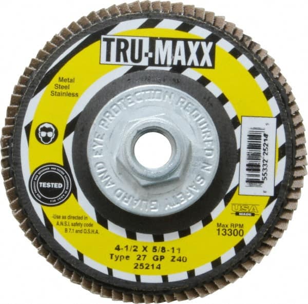 Tru-Maxx - 40 Grit, 4-1/2" Disc Diam, 5/8-11 Center Hole, Type 27 Zirconia Alumina Flap Disc - 13,300 Max RPM, Arbor Attaching System, Coated - Exact Tooling