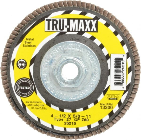 Tru-Maxx - 60 Grit, 4-1/2" Disc Diam, 5/8-11 Center Hole, Type 27 Zirconia Alumina Flap Disc - 13,300 Max RPM, Arbor Attaching System, Coated - Exact Tooling