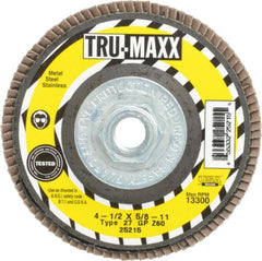 Tru-Maxx - 60 Grit, 4-1/2" Disc Diam, 5/8-11 Center Hole, Type 27 Zirconia Alumina Flap Disc - 13,300 Max RPM, Arbor Attaching System, Coated - Exact Tooling