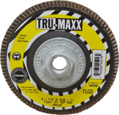 Tru-Maxx - 80 Grit, 4-1/2" Disc Diam, 5/8-11 Center Hole, Type 27 Zirconia Alumina Flap Disc - 13,300 Max RPM, Arbor Attaching System, Coated - Exact Tooling