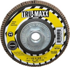 Tru-Maxx - 120 Grit, 4-1/2" Disc Diam, 5/8-11 Center Hole, Type 27 Zirconia Alumina Flap Disc - 13,300 Max RPM, Arbor Attaching System, Coated - Exact Tooling
