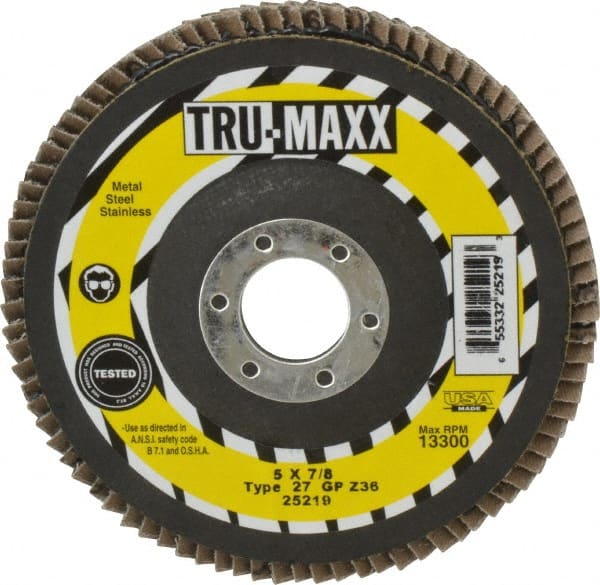 Tru-Maxx - 36 Grit, 5" Disc Diam, 7/8" Center Hole, Type 27 Zirconia Alumina Flap Disc - 12,200 Max RPM, Arbor Attaching System, Coated - Exact Tooling
