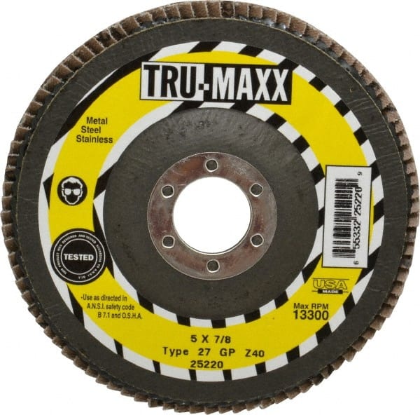 Tru-Maxx - 40 Grit, 5" Disc Diam, 7/8" Center Hole, Type 27 Zirconia Alumina Flap Disc - 12,200 Max RPM, Arbor Attaching System, Coated - Exact Tooling