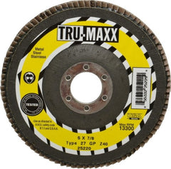 Tru-Maxx - 40 Grit, 5" Disc Diam, 7/8" Center Hole, Type 27 Zirconia Alumina Flap Disc - 12,200 Max RPM, Arbor Attaching System, Coated - Exact Tooling