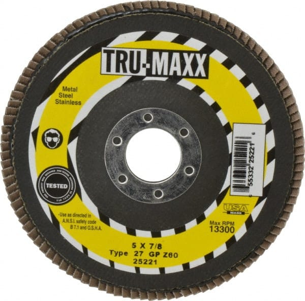 Tru-Maxx - 60 Grit, 5" Disc Diam, 7/8" Center Hole, Type 27 Zirconia Alumina Flap Disc - 12,200 Max RPM, Arbor Attaching System, Coated - Exact Tooling
