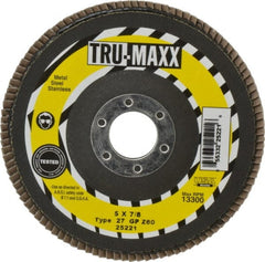 Tru-Maxx - 60 Grit, 5" Disc Diam, 7/8" Center Hole, Type 27 Zirconia Alumina Flap Disc - 12,200 Max RPM, Arbor Attaching System, Coated - Exact Tooling