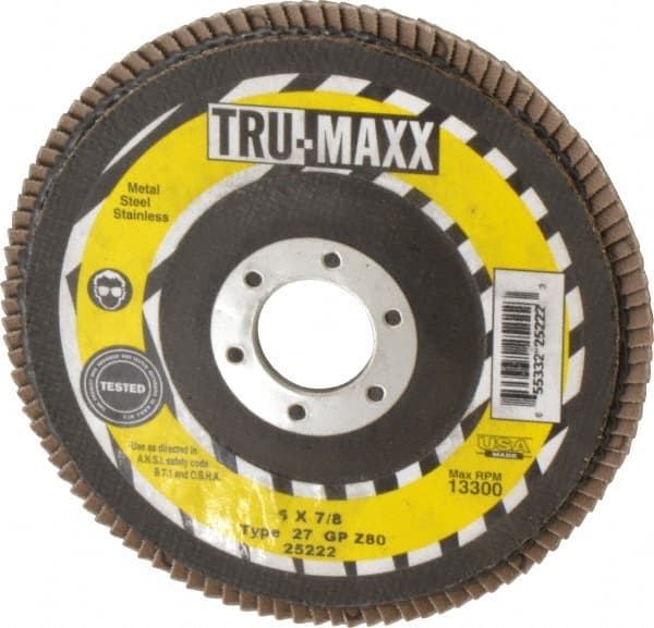 Tru-Maxx - 80 Grit, 5" Disc Diam, 7/8" Center Hole, Type 27 Zirconia Alumina Flap Disc - 12,200 Max RPM, Arbor Attaching System, Coated - Exact Tooling