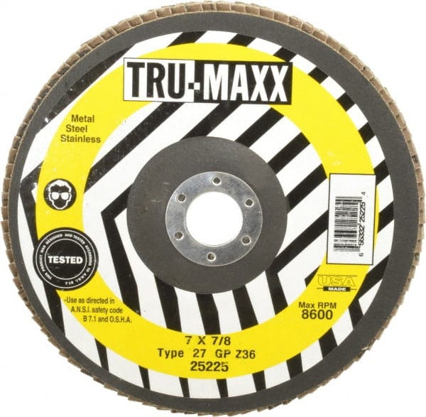 Tru-Maxx - 36 Grit, 7" Disc Diam, 7/8" Center Hole, Type 27 Zirconia Alumina Flap Disc - 8,600 Max RPM, Arbor Attaching System, Coated - Exact Tooling