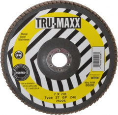 Tru-Maxx - 40 Grit, 7" Disc Diam, 7/8" Center Hole, Type 27 Zirconia Alumina Flap Disc - 8,600 Max RPM, Arbor Attaching System, Coated - Exact Tooling