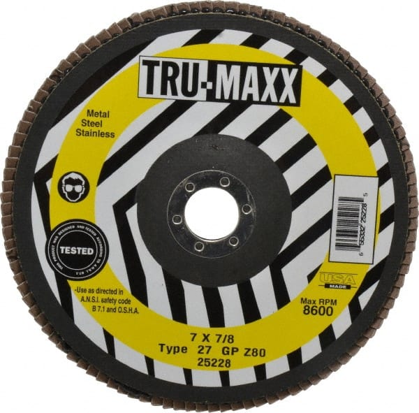 Tru-Maxx - 80 Grit, 7" Disc Diam, 7/8" Center Hole, Type 27 Zirconia Alumina Flap Disc - 8,600 Max RPM, Arbor Attaching System, Coated - Exact Tooling