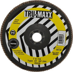 Tru-Maxx - 80 Grit, 7" Disc Diam, 7/8" Center Hole, Type 27 Zirconia Alumina Flap Disc - 8,600 Max RPM, Arbor Attaching System, Coated - Exact Tooling