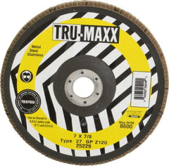 Tru-Maxx - 120 Grit, 7" Disc Diam, 7/8" Center Hole, Type 27 Zirconia Alumina Flap Disc - 8,600 Max RPM, Arbor Attaching System, Coated - Exact Tooling