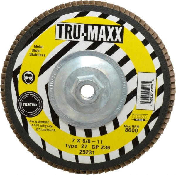 Tru-Maxx - 36 Grit, 7" Disc Diam, 5/8-11 Center Hole, Type 27 Zirconia Alumina Flap Disc - 8,600 Max RPM, Arbor Attaching System, Coated - Exact Tooling