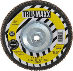 Tru-Maxx - 40 Grit, 7" Disc Diam, 5/8-11 Center Hole, Type 27 Zirconia Alumina Flap Disc - 8,600 Max RPM, Arbor Attaching System, Coated - Exact Tooling