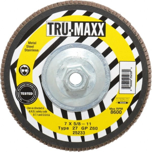 Tru-Maxx - 60 Grit, 7" Disc Diam, 5/8-11 Center Hole, Type 27 Zirconia Alumina Flap Disc - 8,600 Max RPM, Arbor Attaching System, Coated - Exact Tooling