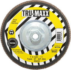 Tru-Maxx - 60 Grit, 7" Disc Diam, 5/8-11 Center Hole, Type 27 Zirconia Alumina Flap Disc - 8,600 Max RPM, Arbor Attaching System, Coated - Exact Tooling