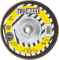 Tru-Maxx - 120 Grit, 7" Disc Diam, 5/8-11 Center Hole, Type 27 Zirconia Alumina Flap Disc - 8,600 Max RPM, Arbor Attaching System, Coated - Exact Tooling