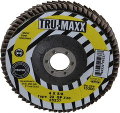 Tru-Maxx - 36 Grit, 4" Disc Diam, 5/8" Center Hole, Type 29 Zirconia Alumina Flap Disc - 15,300 Max RPM, Arbor Attaching System, Coated - Exact Tooling