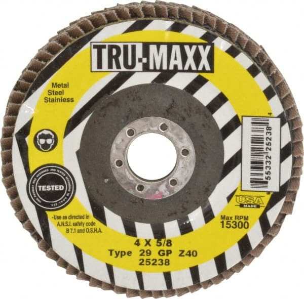 Tru-Maxx - 40 Grit, 4" Disc Diam, 5/8" Center Hole, Type 29 Zirconia Alumina Flap Disc - 15,300 Max RPM, Arbor Attaching System, Coated - Exact Tooling