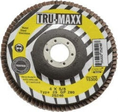 Tru-Maxx - 80 Grit, 4" Disc Diam, 5/8" Center Hole, Type 29 Zirconia Alumina Flap Disc - 15,300 Max RPM, Arbor Attaching System, Coated - Exact Tooling