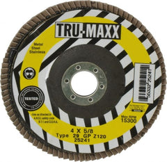 Tru-Maxx - 120 Grit, 4" Disc Diam, 5/8" Center Hole, Type 29 Zirconia Alumina Flap Disc - 15,300 Max RPM, Arbor Attaching System, Coated - Exact Tooling