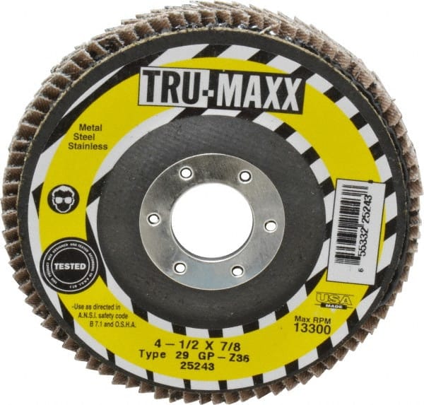 Tru-Maxx - 36 Grit, 4-1/2" Disc Diam, 7/8" Center Hole, Type 29 Zirconia Alumina Flap Disc - 13,300 Max RPM, Arbor Attaching System, Coated - Exact Tooling