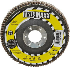Tru-Maxx - 36 Grit, 4-1/2" Disc Diam, 7/8" Center Hole, Type 29 Zirconia Alumina Flap Disc - 13,300 Max RPM, Arbor Attaching System, Coated - Exact Tooling