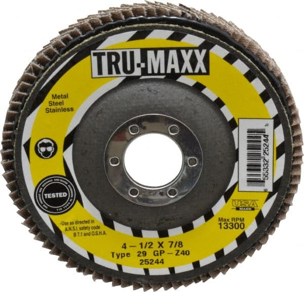 Tru-Maxx - 40 Grit, 4-1/2" Disc Diam, 7/8" Center Hole, Type 29 Zirconia Alumina Flap Disc - 13,300 Max RPM, Arbor Attaching System, Coated - Exact Tooling