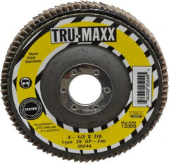 Tru-Maxx - 40 Grit, 4-1/2" Disc Diam, 7/8" Center Hole, Type 29 Zirconia Alumina Flap Disc - 13,300 Max RPM, Arbor Attaching System, Coated - Exact Tooling