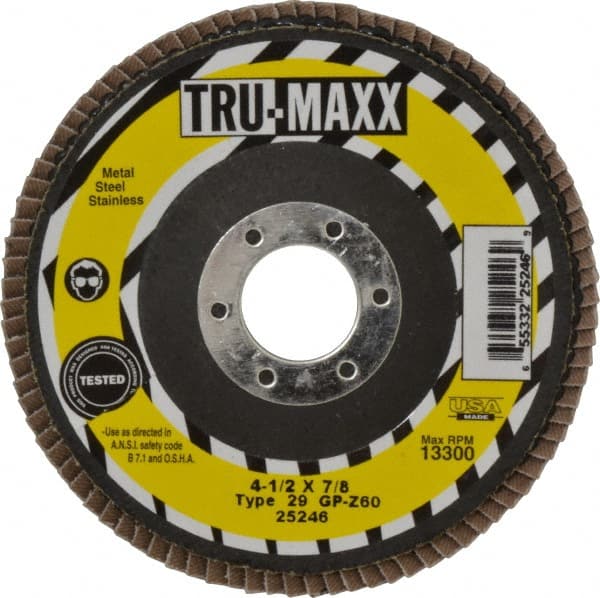 Tru-Maxx - 60 Grit, 4-1/2" Disc Diam, 7/8" Center Hole, Type 29 Zirconia Alumina Flap Disc - 13,300 Max RPM, Arbor Attaching System, Coated - Exact Tooling