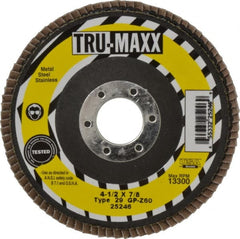 Tru-Maxx - 60 Grit, 4-1/2" Disc Diam, 7/8" Center Hole, Type 29 Zirconia Alumina Flap Disc - 13,300 Max RPM, Arbor Attaching System, Coated - Exact Tooling
