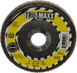 Tru-Maxx - 80 Grit, 4-1/2" Disc Diam, 7/8" Center Hole, Type 29 Zirconia Alumina Flap Disc - 13,300 Max RPM, Arbor Attaching System, Coated - Exact Tooling