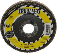 Tru-Maxx - 80 Grit, 4-1/2" Disc Diam, 7/8" Center Hole, Type 29 Zirconia Alumina Flap Disc - 13,300 Max RPM, Arbor Attaching System, Coated - Exact Tooling