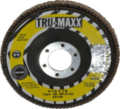 Tru-Maxx - 120 Grit, 4-1/2" Disc Diam, 7/8" Center Hole, Type 29 Zirconia Alumina Flap Disc - 13,300 Max RPM, Arbor Attaching System, Coated - Exact Tooling