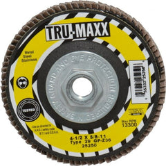 Tru-Maxx - 36 Grit, 4-1/2" Disc Diam, 5/8-11 Center Hole, Type 29 Zirconia Alumina Flap Disc - 13,300 Max RPM, Arbor Attaching System, Coated - Exact Tooling