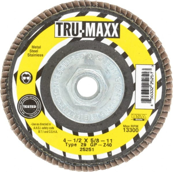 Tru-Maxx - 40 Grit, 4-1/2" Disc Diam, 5/8-11 Center Hole, Type 29 Zirconia Alumina Flap Disc - 13,300 Max RPM, Arbor Attaching System, Coated - Exact Tooling
