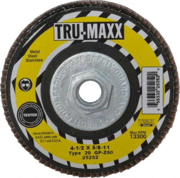 Tru-Maxx - 60 Grit, 4-1/2" Disc Diam, 5/8-11 Center Hole, Type 29 Zirconia Alumina Flap Disc - 13,300 Max RPM, Arbor Attaching System, Coated - Exact Tooling