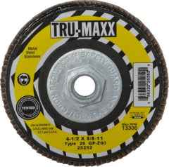 Tru-Maxx - 60 Grit, 4-1/2" Disc Diam, 5/8-11 Center Hole, Type 29 Zirconia Alumina Flap Disc - 13,300 Max RPM, Arbor Attaching System, Coated - Exact Tooling