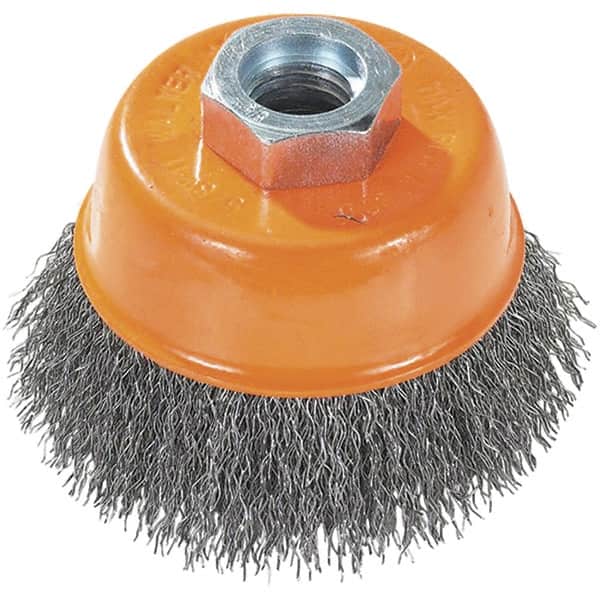 WALTER Surface Technologies - 3" Diam, 5/8-11 Threaded Arbor, Steel Fill Cup Brush - 0.0118 Wire Diam, 12,000 Max RPM - Exact Tooling