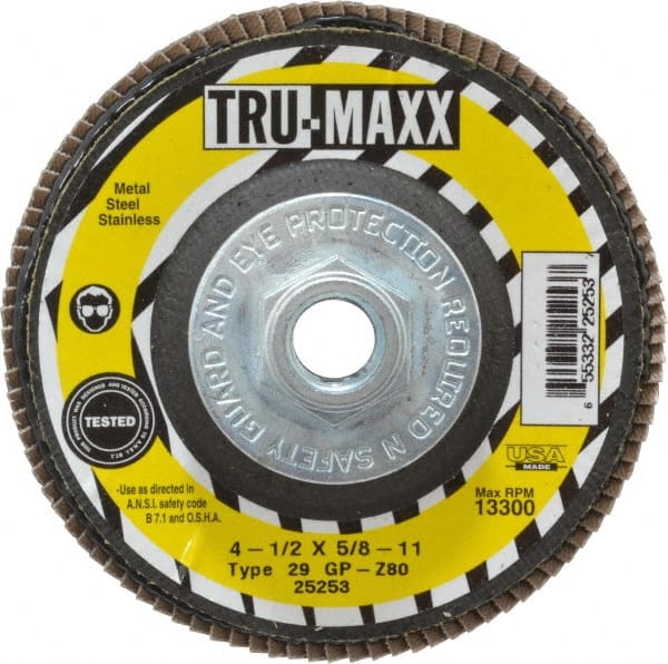 Tru-Maxx - 80 Grit, 4-1/2" Disc Diam, 5/8-11 Center Hole, Type 29 Zirconia Alumina Flap Disc - 13,300 Max RPM, Arbor Attaching System, Coated - Exact Tooling