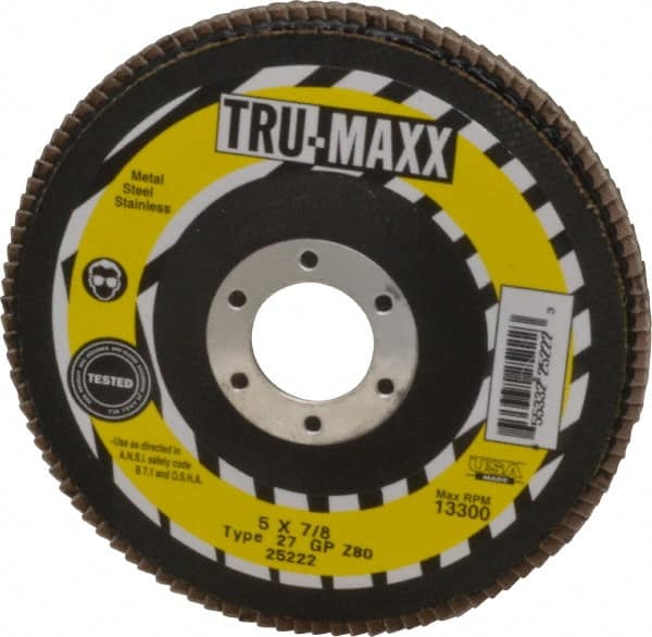 Tru-Maxx - 36 Grit, 5" Disc Diam, 7/8" Center Hole, Type 29 Zirconia Alumina Flap Disc - 12,200 Max RPM, Arbor Attaching System, Coated - Exact Tooling