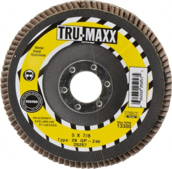 Tru-Maxx - 40 Grit, 5" Disc Diam, 7/8" Center Hole, Type 29 Zirconia Alumina Flap Disc - 12,200 Max RPM, Arbor Attaching System, Coated - Exact Tooling