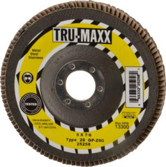 Tru-Maxx - 60 Grit, 5" Disc Diam, 7/8" Center Hole, Type 29 Zirconia Alumina Flap Disc - 12,200 Max RPM, Arbor Attaching System, Coated - Exact Tooling