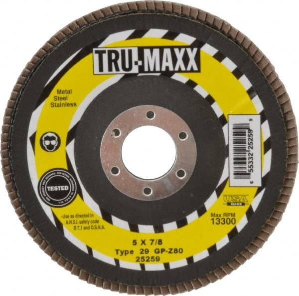 Tru-Maxx - 80 Grit, 5" Disc Diam, 7/8" Center Hole, Type 29 Zirconia Alumina Flap Disc - 12,200 Max RPM, Arbor Attaching System, Coated - Exact Tooling