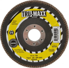 Tru-Maxx - 80 Grit, 5" Disc Diam, 7/8" Center Hole, Type 29 Zirconia Alumina Flap Disc - 12,200 Max RPM, Arbor Attaching System, Coated - Exact Tooling