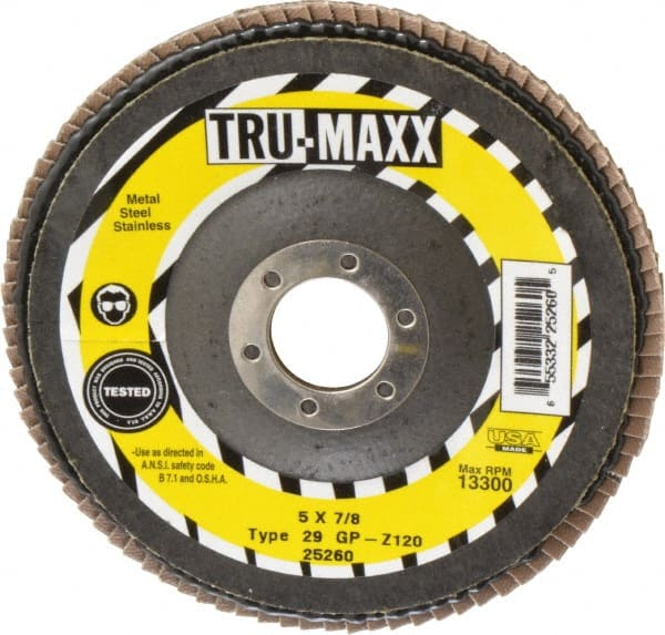 Tru-Maxx - 120 Grit, 5" Disc Diam, 7/8" Center Hole, Type 29 Zirconia Alumina Flap Disc - 12,200 Max RPM, Arbor Attaching System, Coated - Exact Tooling