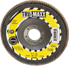 Tru-Maxx - 120 Grit, 5" Disc Diam, 7/8" Center Hole, Type 29 Zirconia Alumina Flap Disc - 12,200 Max RPM, Arbor Attaching System, Coated - Exact Tooling