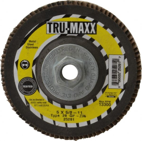 Tru-Maxx - 36 Grit, 5" Disc Diam, 5/8-11 Center Hole, Type 29 Zirconia Alumina Flap Disc - 12,200 Max RPM, Arbor Attaching System, Coated - Exact Tooling