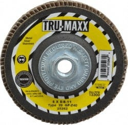 Tru-Maxx - 40 Grit, 5" Disc Diam, 5/8-11 Center Hole, Type 29 Zirconia Alumina Flap Disc - 12,200 Max RPM, Arbor Attaching System, Coated - Exact Tooling